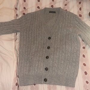gray, button-up, knitted, long sleeve sweater